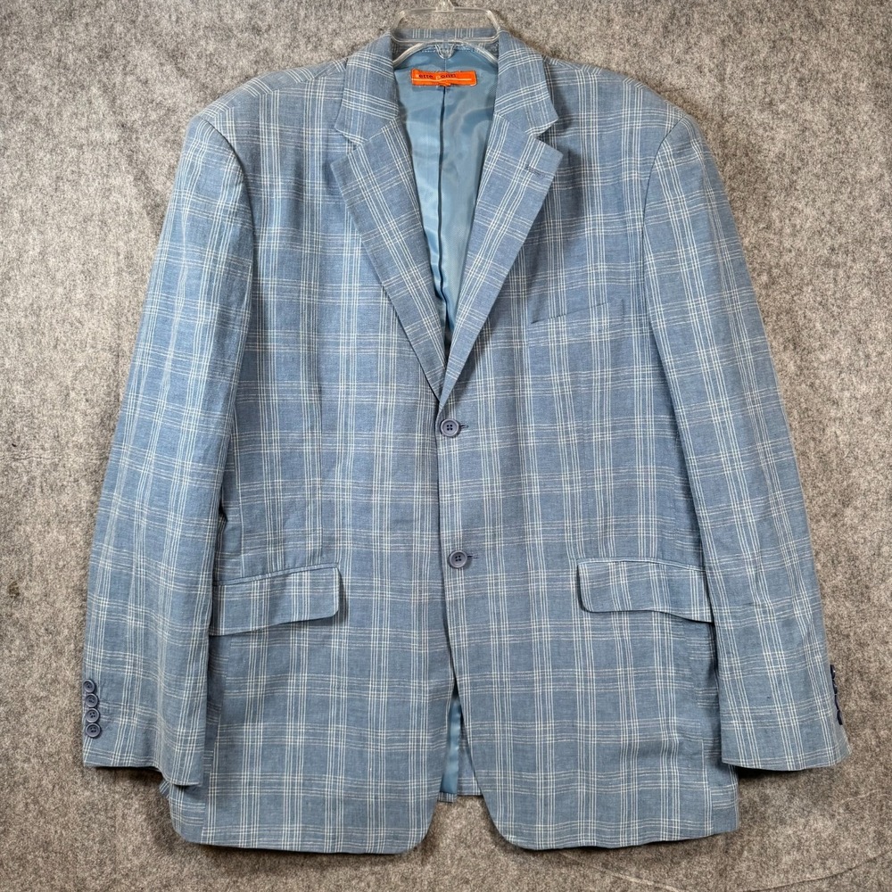 Vintage Linen Blue Plaid Blazer Womens XL Twee Jacket Preppy Wedding Beachy